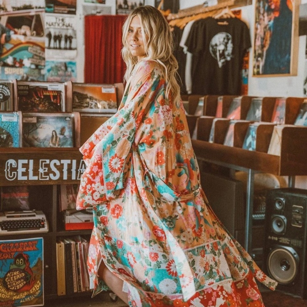 Spell Delilah Patchwork Maxi Kimono in Ruby